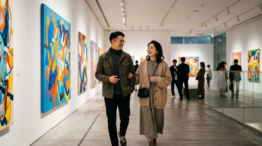 美術館で絵画を鑑賞する男女