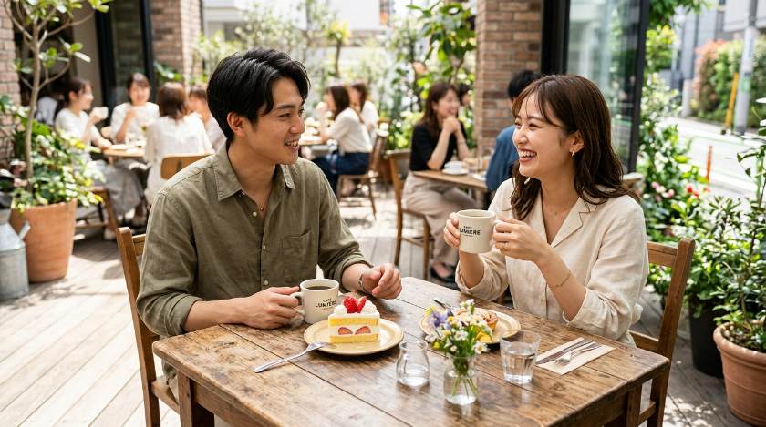 明るいカフェテラスで笑顔で会話を楽しむ男女