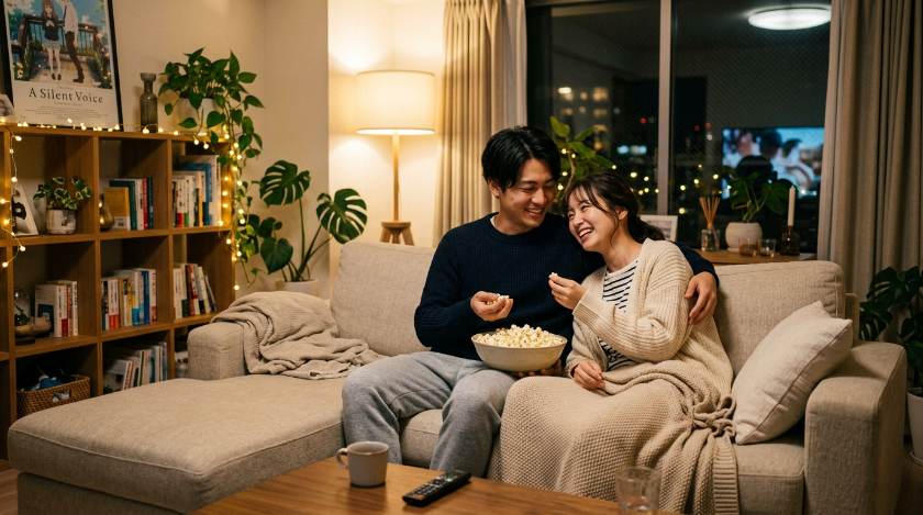 リビングでリラックスする男女カップル