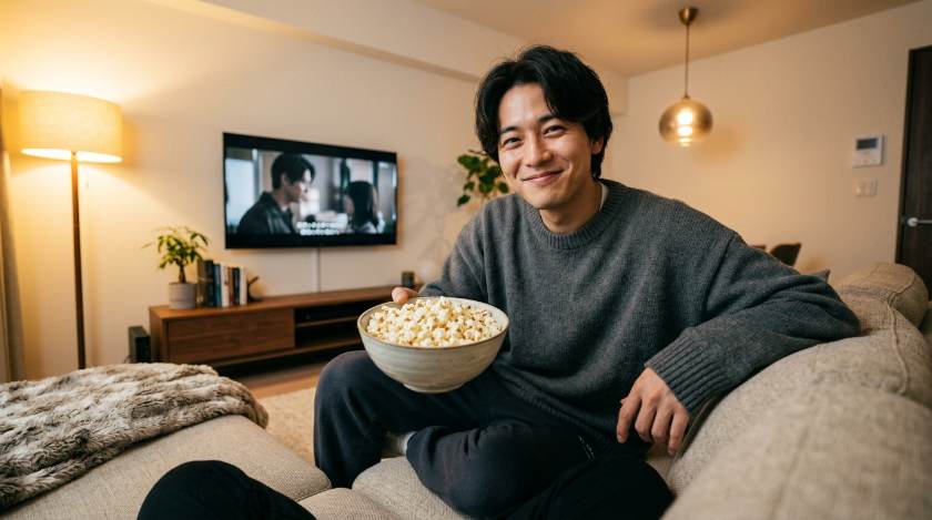 明るいリビングでリラックスして笑顔で過ごす男女カップルのおうちデート
