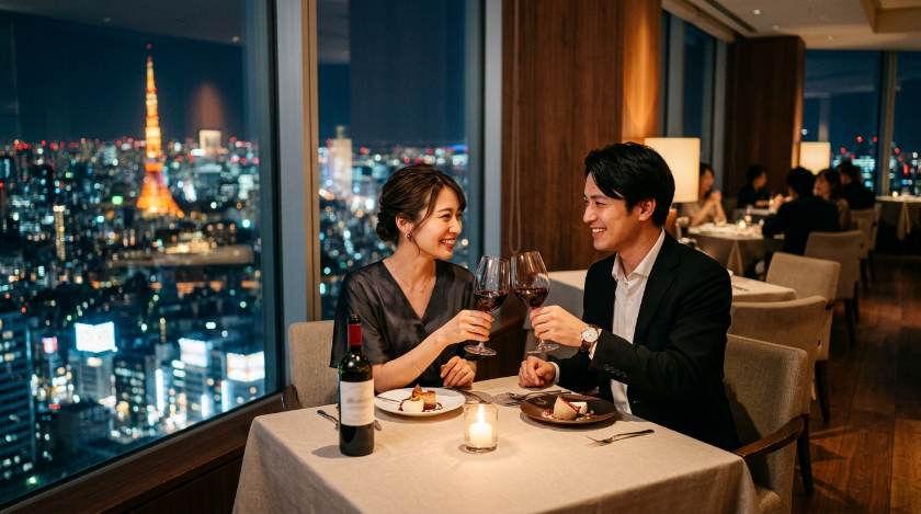 夜景の見える高層レストランでワイングラスを傾ける男女カップルのディナーデート